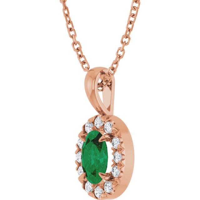 14K Rose 6x4 mm Natural Emerald & 1/10 CTW Natural Diamond 16-18" Necklace