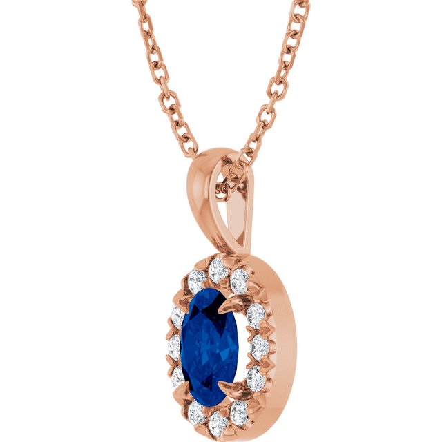 14K Rose 6x4 mm Lab-Grown Blue Sapphire & 1/10 CTW Natural Diamond 16-18" Necklace