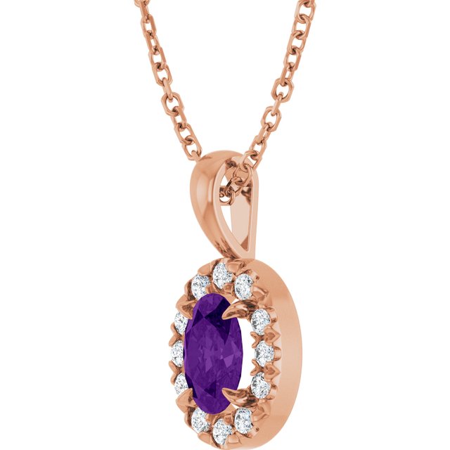 14K Rose 6x4 mm Natural Amethyst & 1/10 CTW Natural Diamond 16-18" Necklace