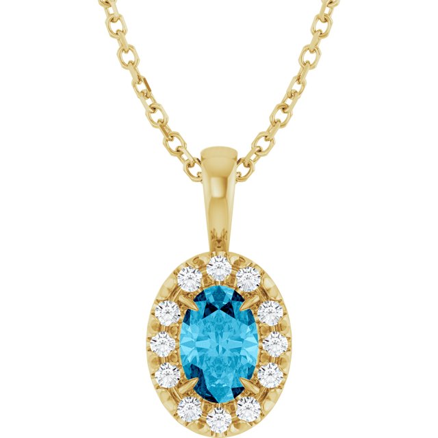 14K Yellow 6x4 mm Natural Aquamarine & 1/10 CTW Natural Diamond 16-18" Necklace