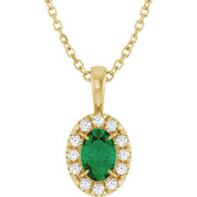 14K Yellow 6x4 mm Lab-Grown Emerald & 1/10 CTW Natural Diamond 16-18" Necklace
