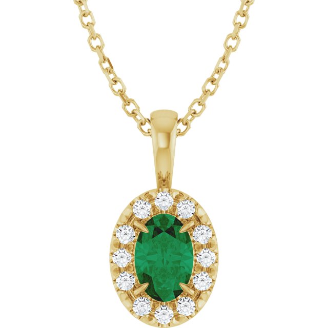 14K Yellow 6x4 mm Lab-Grown Emerald & 1/10 CTW Natural Diamond 16-18" Necklace