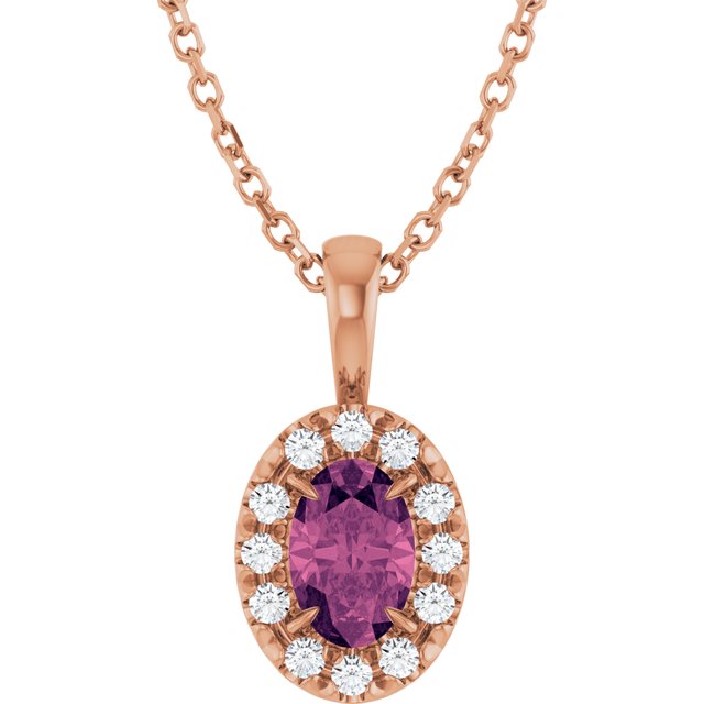 14K Rose 6x4 mm Natural Pink Tourmaline & 1/10 CTW Natural Diamond 16-18" Necklace