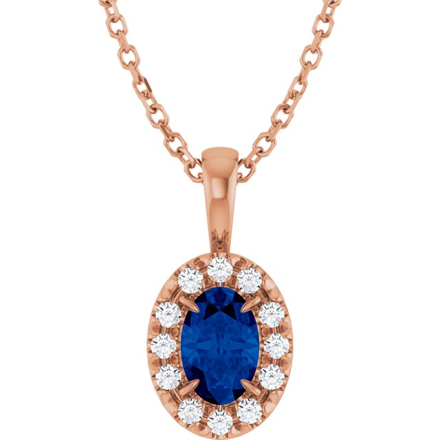14K Rose 6x4 mm Lab-Grown Blue Sapphire & 1/10 CTW Natural Diamond 16-18" Necklace