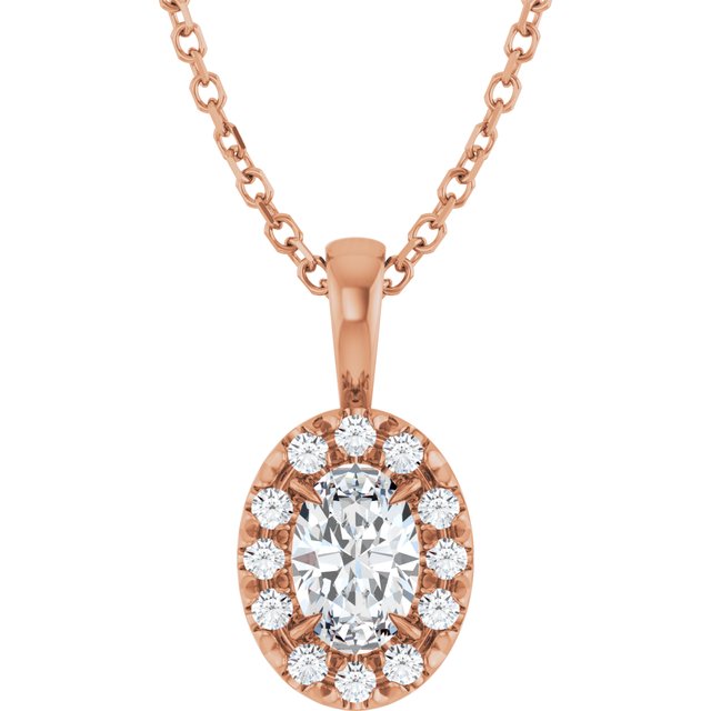 14K Rose 6x4 mm Natural White Sapphire & 1/10 CTW Natural Diamond 16-18" Necklace