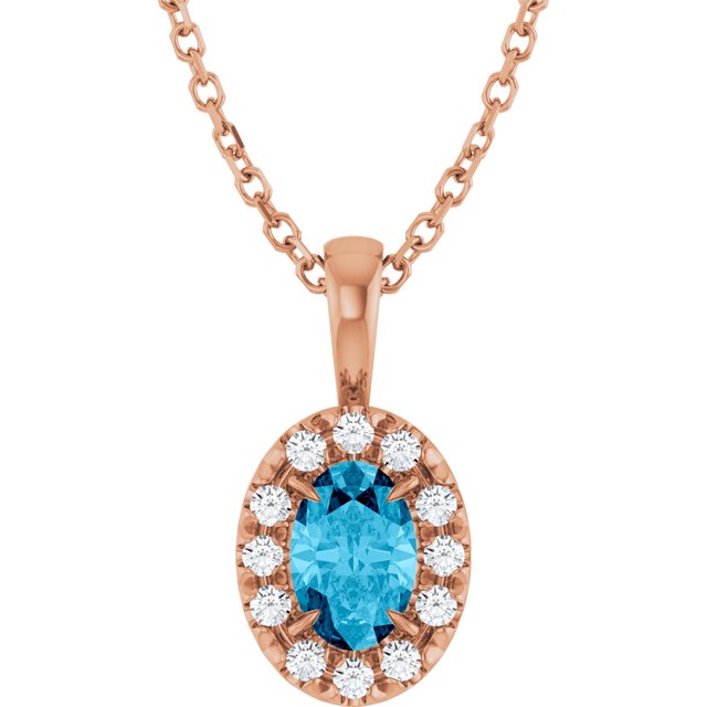 14K Rose 5x3 mm Natural Aquamarine & .05 CTW Natural Diamond 16-18" Necklace