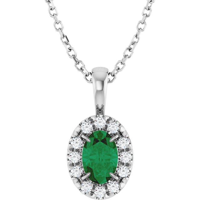 Sterling Silver 6x4 mm Natural Emerald & 1/10 CTW Natural Diamond 16-18" Necklace