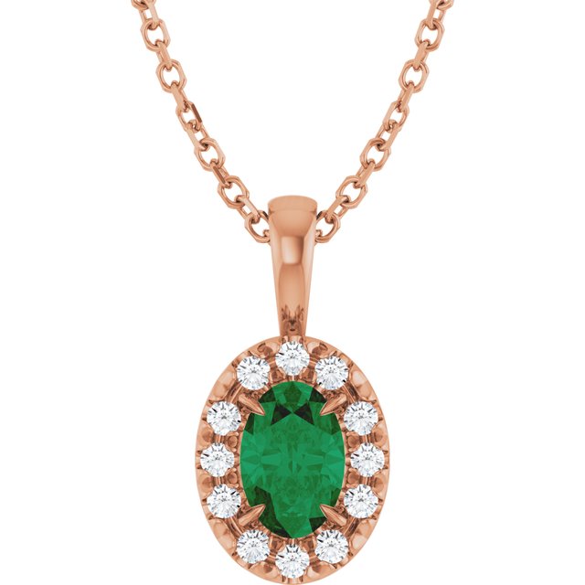 14K Rose 6x4 mm Natural Emerald & 1/10 CTW Natural Diamond 16-18" Necklace