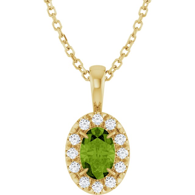 14K Yellow 6x4 mm Natural Peridot & 1/10 CTW Natural Diamond 16-18" Necklace