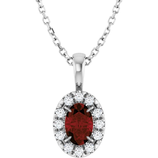 Sterling Silver 6x4 mm Natural Mozambique Garnet & 1/10 CTW Natural Diamond 16-18" Necklace