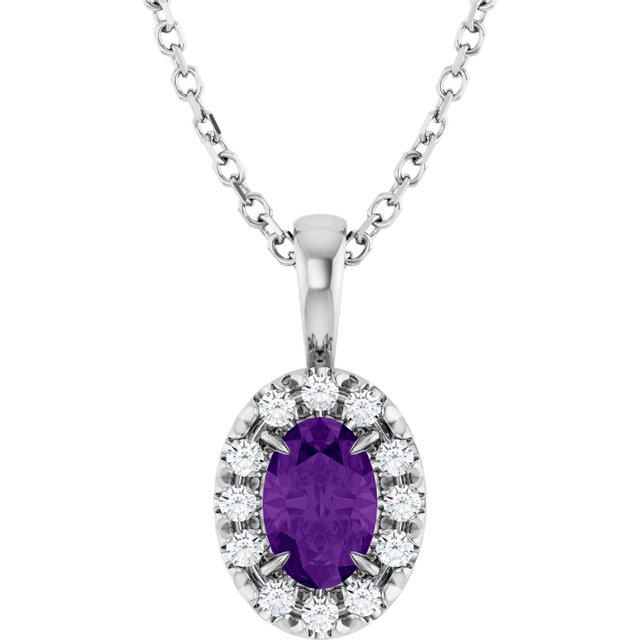 Sterling Silver 6x4 mm Natural Amethyst & 1/10 CTW Natural Diamond 16-18" Necklace