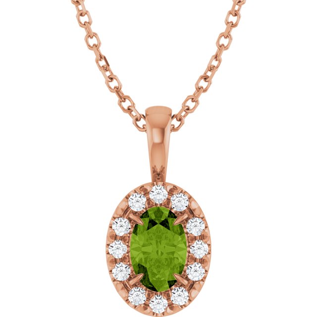 14K Rose 6x4 mm Natural Peridot & 1/10 CTW Natural Diamond 16-18" Necklace