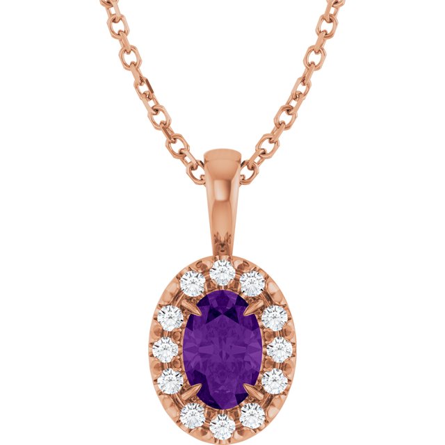14K Rose 6x4 mm Natural Amethyst & 1/10 CTW Natural Diamond 16-18" Necklace
