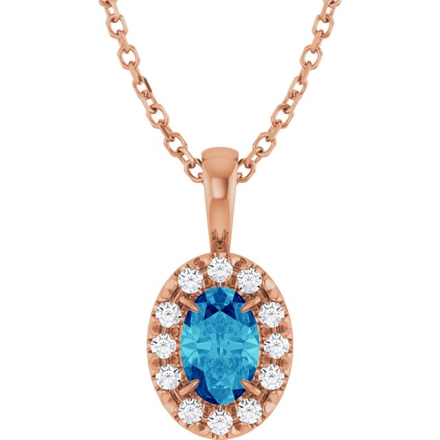 14K Rose 6x4 mm Natural Blue Zircon & 1/10 CTW Natural Diamond 16-18" Necklace