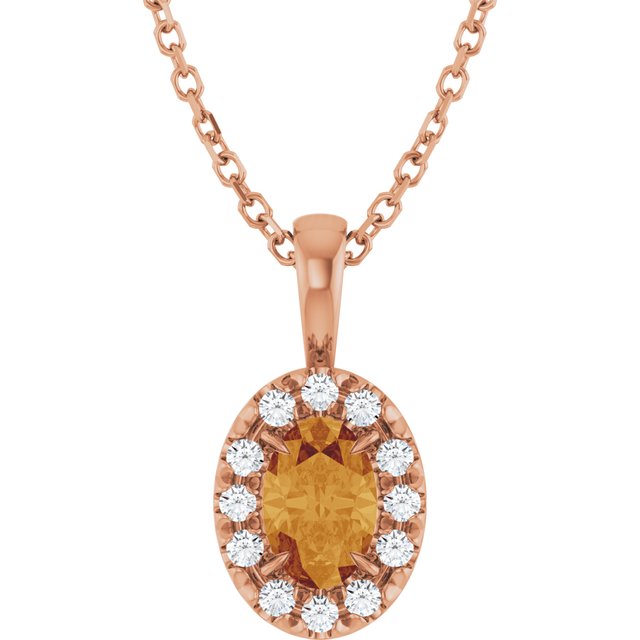 14K Rose 6x4 mm Natural Citrine & 1/10 CTW Natural Diamond 16-18" Necklace