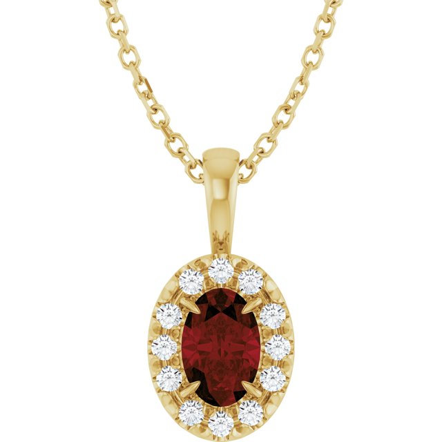 14K Yellow 6x4 mm Natural Mozambique Garnet & 1/10 CTW Natural Diamond 16-18" Necklace