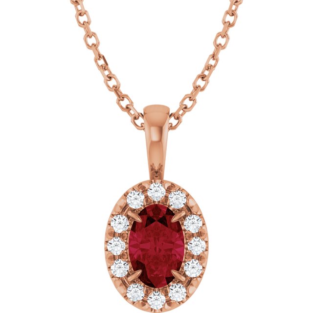 14K Rose 6x4 mm Natural Ruby & 1/10 CTW Natural Diamond 16-18" Necklace
