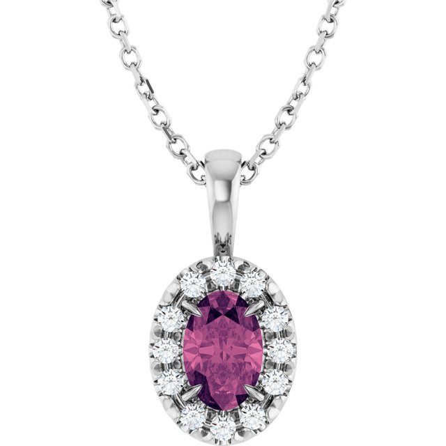 Sterling Silver 6x4 mm Natural Pink Tourmaline & 1/10 CTW Natural Diamond 16-18" Necklace