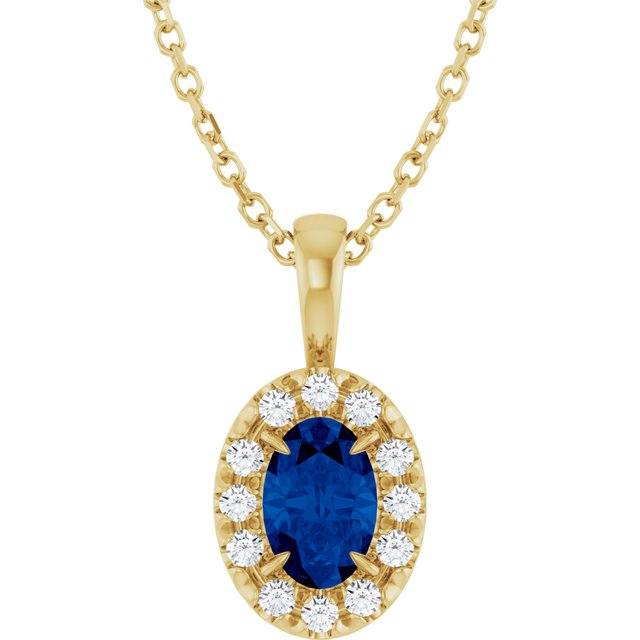 14K Yellow 6x4 mm Natural Blue Sapphire & 1/10 CTW Natural Diamond 16-18" Necklace