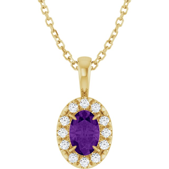 14K Yellow 6x4 mm Natural Amethyst & 1/10 CTW Natural Diamond 16-18" Necklace