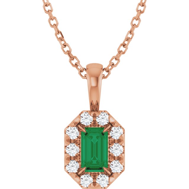 14K Rose 5x3 mm Natural Emerald & 1/8 CTW Natural Diamond 16-18" Necklace