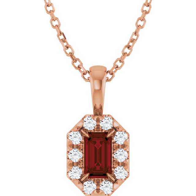 14K Rose 5x3 mm Natural Mozambique Garnet & 1/8 CTW Natural Diamond 16-18" Necklace