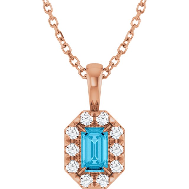 14K Rose 5x3 mm Natural Aquamarine & 1/8 CTW Natural Diamond 16-18" Necklace