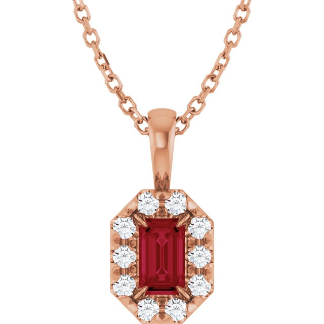 14K Rose 5x3 mm Natural Ruby & 1/8 CTW Natural Diamond 16-18" Necklace