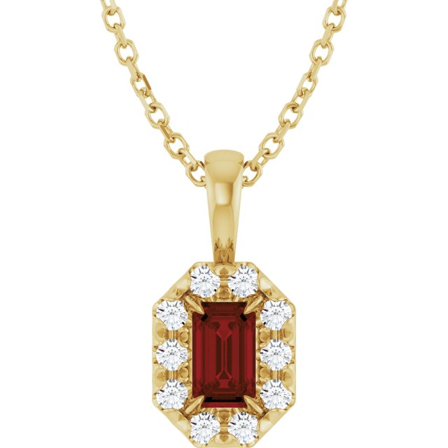 14K Yellow 5x3 mm Natural Mozambique Garnet & 1/8 CTW Natural Diamond 16-18" Necklace