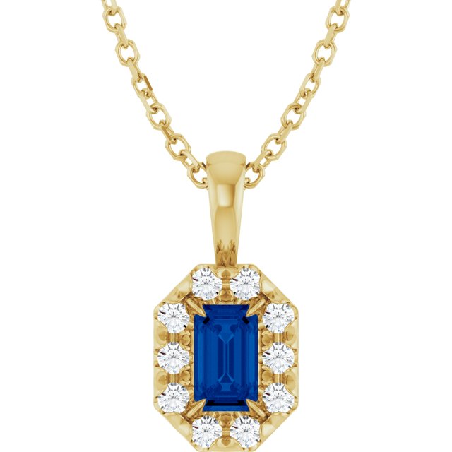 14K Yellow 5x3 mm Lab-Grown Blue Sapphire & 1/8 CTW Natural Diamond 16-18" Necklace