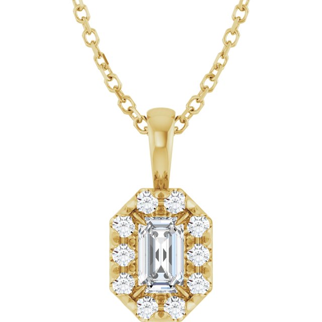 14K Yellow 5x3 mm Natural White Sapphire French-Set Halo-Style 16-18" Necklace