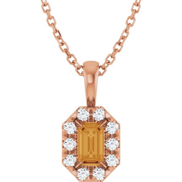 14K Rose 5x3 mm Natural Citrine & 1/8 CTW Natural Diamond 16-18" Necklace