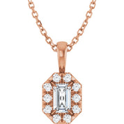 14K Rose 5x3 mm Natural White Sapphire French-Set Halo-Style 16-18" Necklace