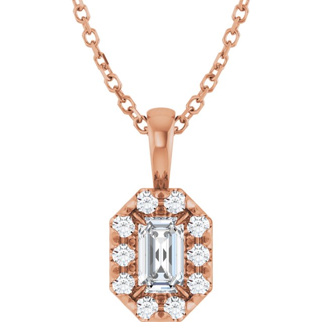 14K Rose 5x3 mm Natural White Sapphire French-Set Halo-Style 16-18" Necklace