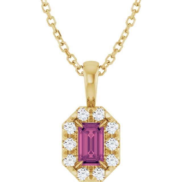 14K Yellow 5x3 mm Natural Pink Tourmaline & 1/8 CTW Natural Diamond 16-18" Necklace