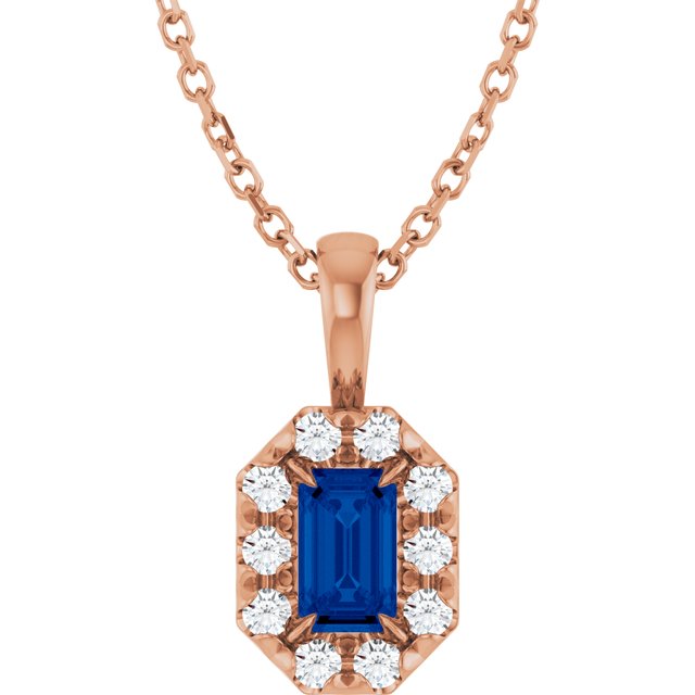 14K Rose 5x3 mm Lab-Grown Blue Sapphire & 1/8 CTW Natural Diamond 16-18" Necklace