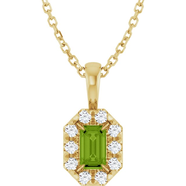 14K Yellow 5x3 mm Natural Peridot & 1/8 CTW Natural Diamond 16-18" Necklace