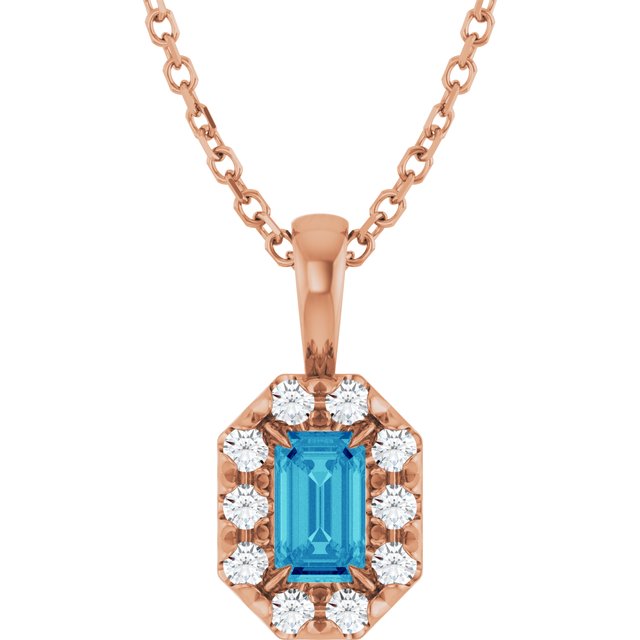 14K Rose 5x3 mm Natural Blue Zircon & 1/8 CTW Natural Diamond 16-18" Necklace