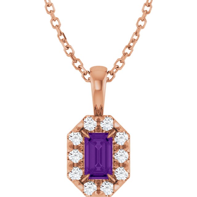 14K Rose 5x3 mm Natural Amethyst & 1/8 CTW Natural Diamond 16-18" Necklace