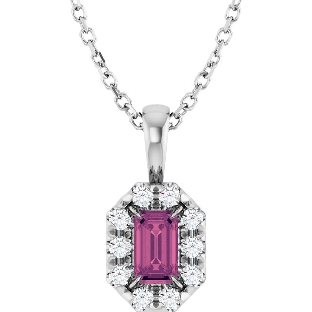 Sterling Silver 5x3 mm Natural Pink Tourmaline & 1/8 CTW Natural Diamond 16-18" Necklace