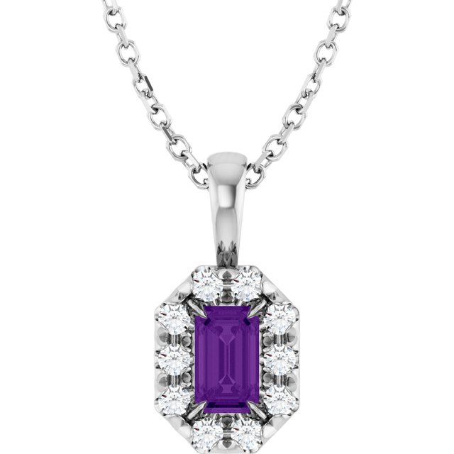 14K White 5x3 mm Natural Amethyst & 1/8 CTW Natural Diamond 16-18" Necklace