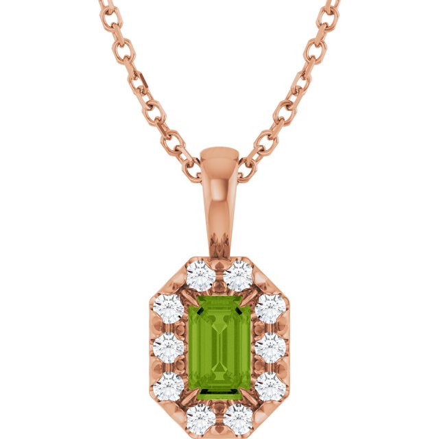 14K Rose 5x3 mm Natural Peridot & 1/8 CTW Natural Diamond 16-18" Necklace