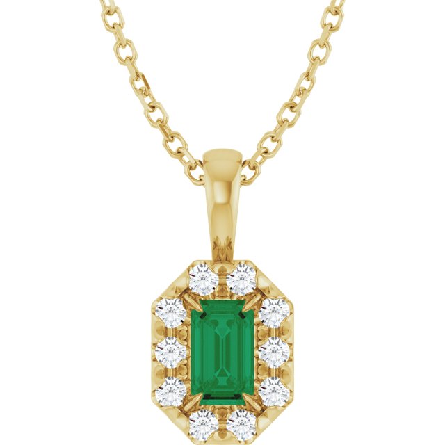 14K Yellow 5x3 mm Lab-Grown Emerald & 1/8 CTW Natural Diamond 16-18" Necklace