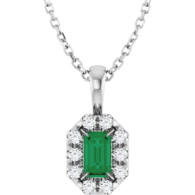 Sterling Silver 5x3 mm Natural Emerald & 1/8 CTW Natural Diamond 16-18" Necklace