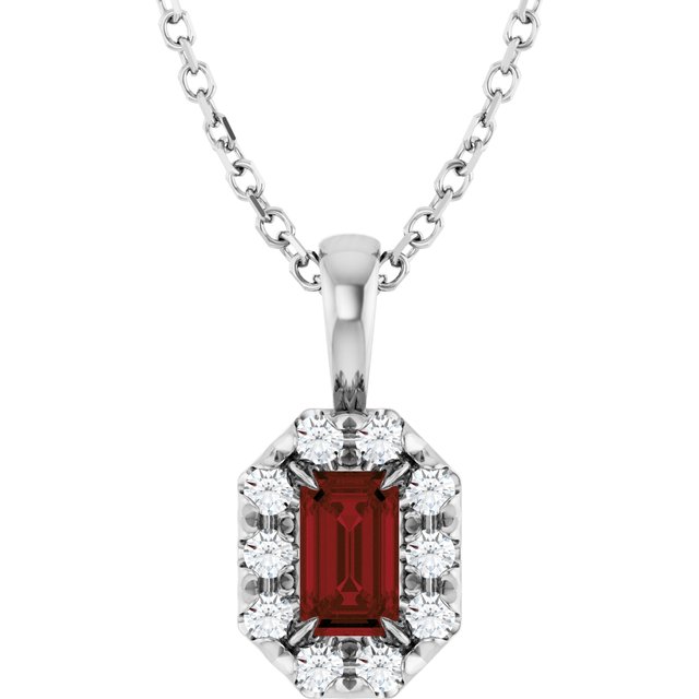 Sterling Silver 5x3 mm Natural Mozambique Garnet & 1/8 CTW Natural Diamond 16-18" Necklace