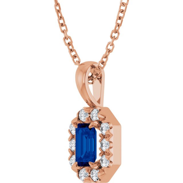 14K Rose 5x3 mm Lab-Grown Blue Sapphire & 1/8 CTW Natural Diamond 16-18" Necklace