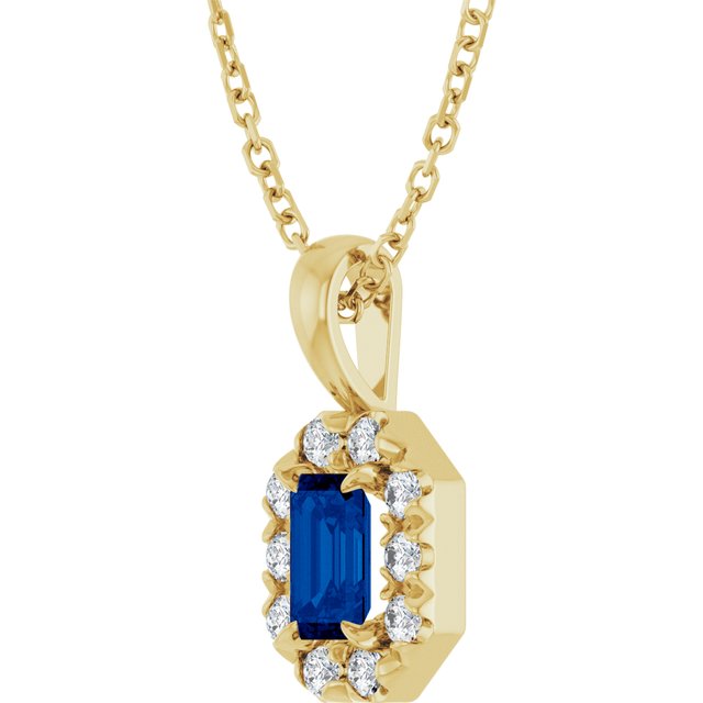 14K Yellow 5x3 mm Lab-Grown Blue Sapphire & 1/8 CTW Natural Diamond 16-18" Necklace