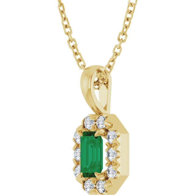 14K Yellow 5x3 mm Lab-Grown Emerald & 1/8 CTW Natural Diamond 16-18" Necklace
