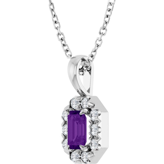 14K White 5x3 mm Natural Amethyst & 1/8 CTW Natural Diamond 16-18" Necklace