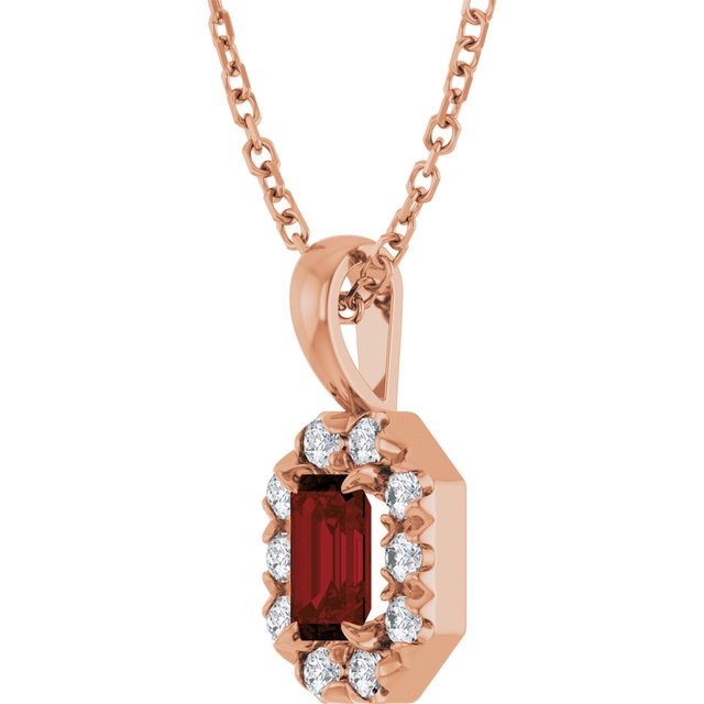 14K Rose 5x3 mm Natural Mozambique Garnet & 1/8 CTW Natural Diamond 16-18" Necklace